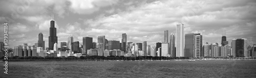 A black and white panoramic view of the Skyline of the city of Chicago, Illinois.