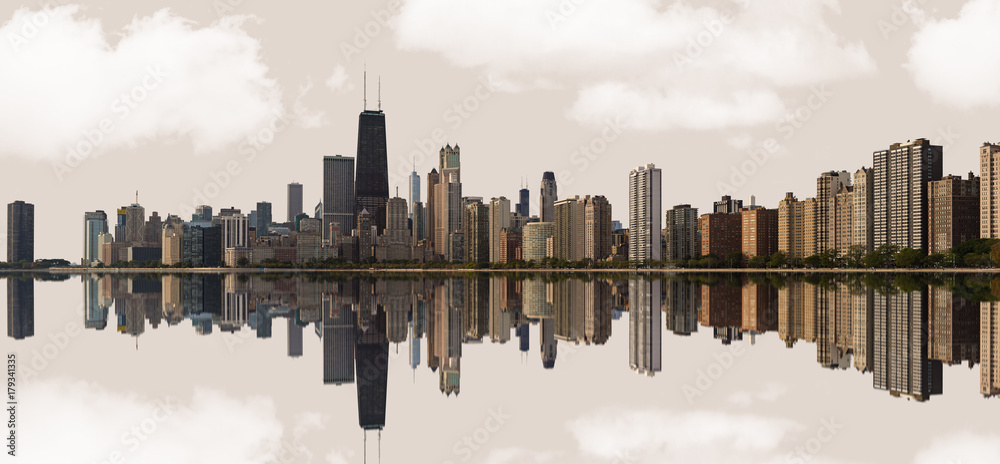 Naklejka premium Panoramiczny widok na panoramę miasta Chicago w stanie Illinois.