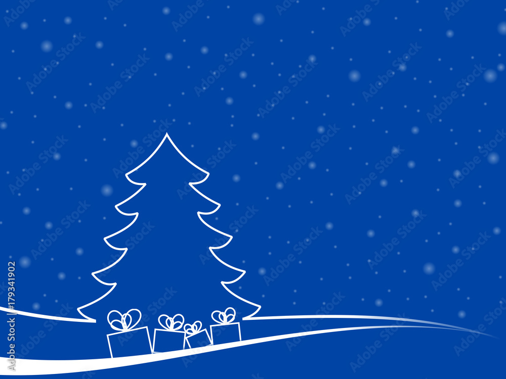 Abstract christmas tree in a minimal landscape with some gitf boxes and white snowflakes. christmas illustration with blu background and white shapes
