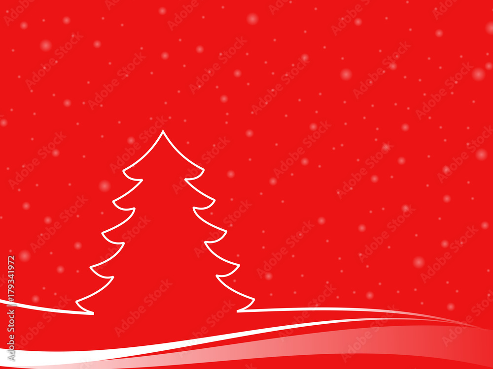 Abstract christmas tree in a minimal landscape with snowflakes. christmas illustration with red background and white shapes