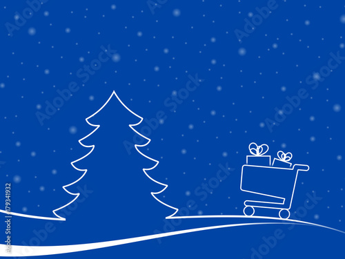 abstract xmas tree and shopping cart with gifts in a minimal landscape. Winter illustration with blu background and white shapes for shop and e-commerce