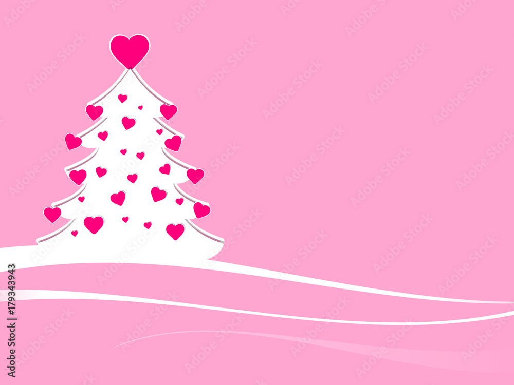 White christmas tree with pink hearts decoration. An abstract xmas ...