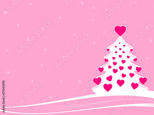 White christmas tree with pink hearts decoration. An abstract xmas tree in a minimal landscape with pink background for female target