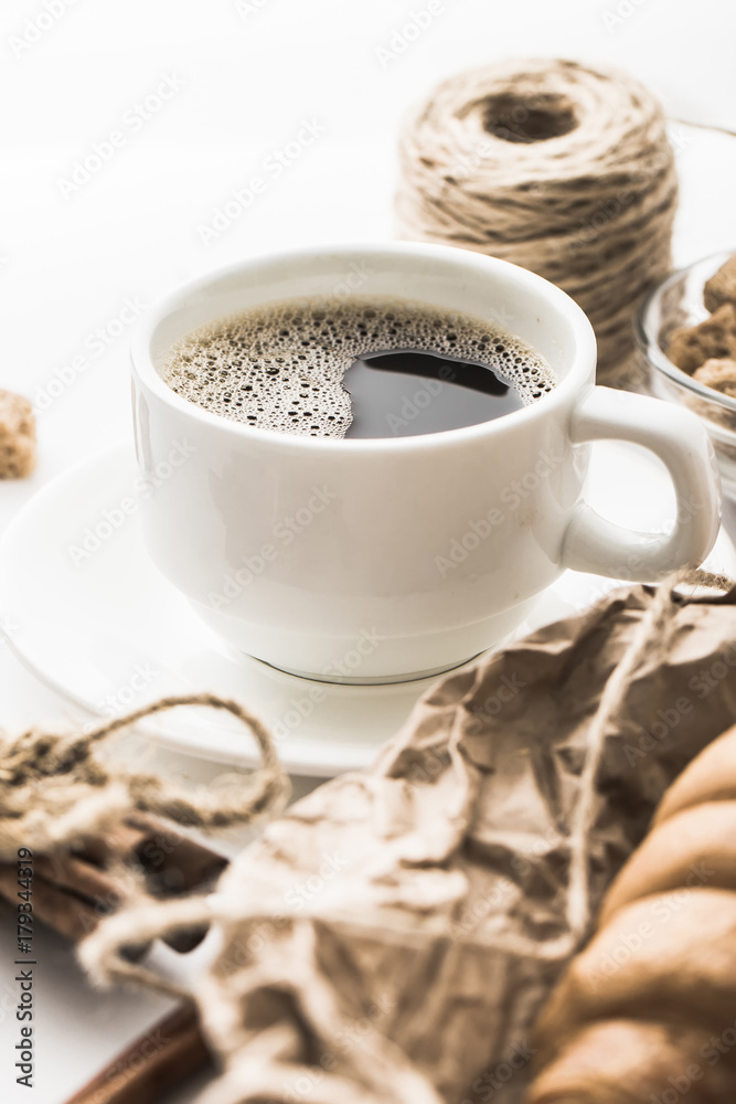 Obraz premium Coffee on a white table. Morning coffee.