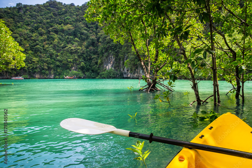 Fototapeta premium Niesamowity widok na lagunę na wyspie Koh Hong z kajaka. Lokalizacja: wyspa Koh Hong, Krabi, Tajlandia, Morze Andamańskie. Obraz artystyczny. Świat piękna.
