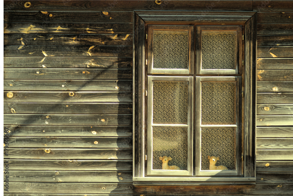 window..wooden..house..old ..wood..exterior..wall..frame..architecture..texture..curtain..home ..decoration..background..open..style..decorative..glass..building..figures  animals..sunny..day.. Stock Photo | Adobe Stock