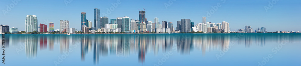 Panoramic view of the Miami skyline from the bay.