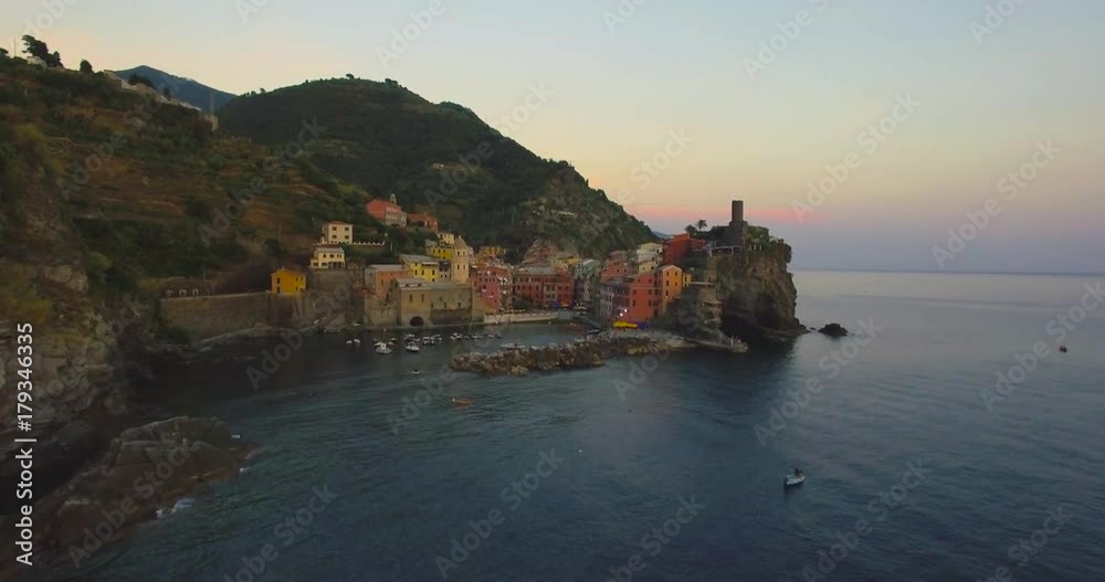 Aerial Drone View of Vernazza Cinque Terre, Italy at Sunset Aerial Drone View of Vernazza Cinque Terre, Italy at Sunset