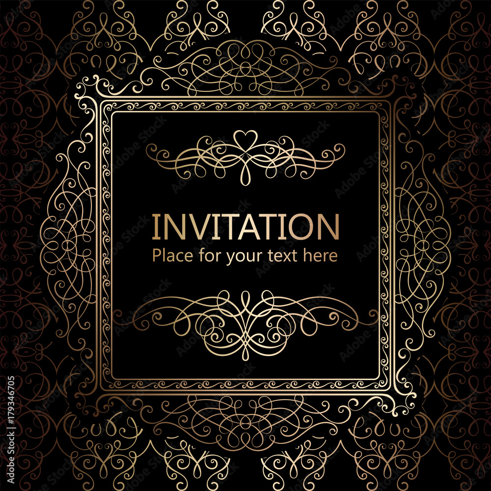 Abstract background with calligraphic luxury gold flourishes and vintage frame, victorian banner,wallpaper ornaments, invitation card, baroque style booklet, fashion pattern, template for design.