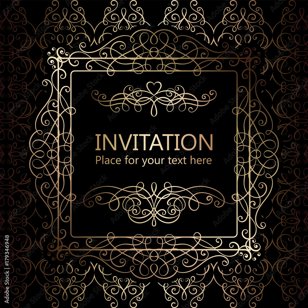 Abstract background with calligraphic luxury gold flourishes and vintage frame, victorian banner,wallpaper ornaments, invitation card, baroque style booklet, fashion pattern, template for design.