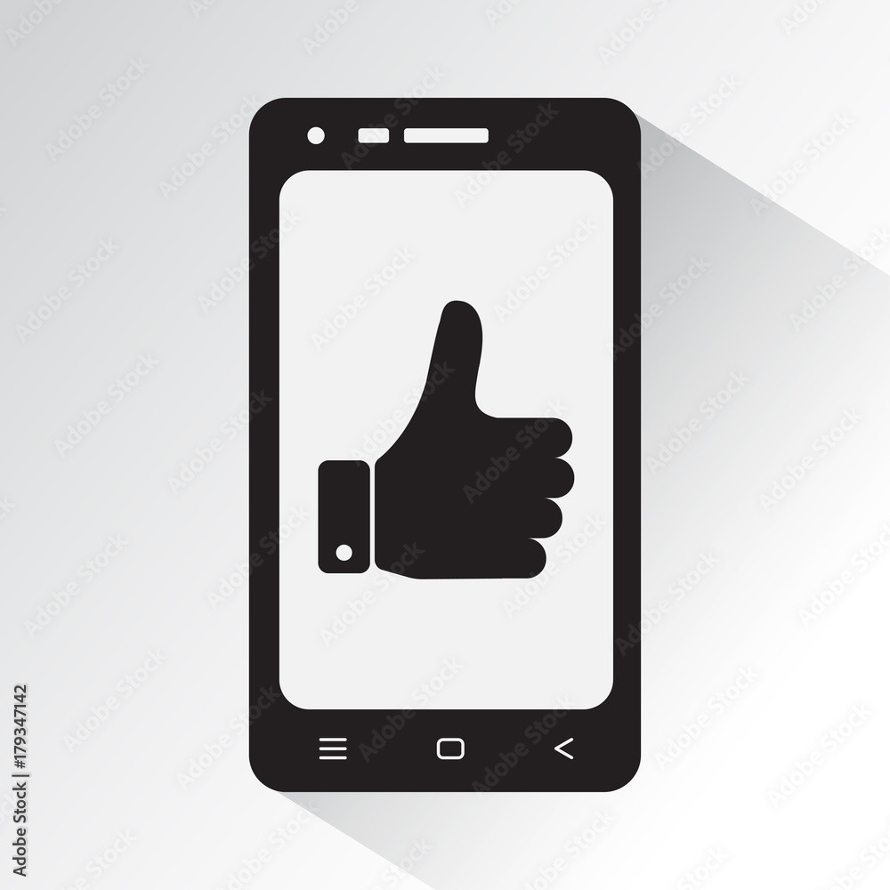 Black and white phone with symbol thumb up. Flat icon of smartphone with shadow. Vector illustration Black and white phone with symbol thumb up. Flat icon of smartphone with shadow. Vector illustration