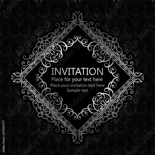 Abstract background with calligraphic luxury silver flourishes and vintage frame, victorian banner,wallpaper ornaments, invitation card, baroque style booklet, fashion pattern, template for design.