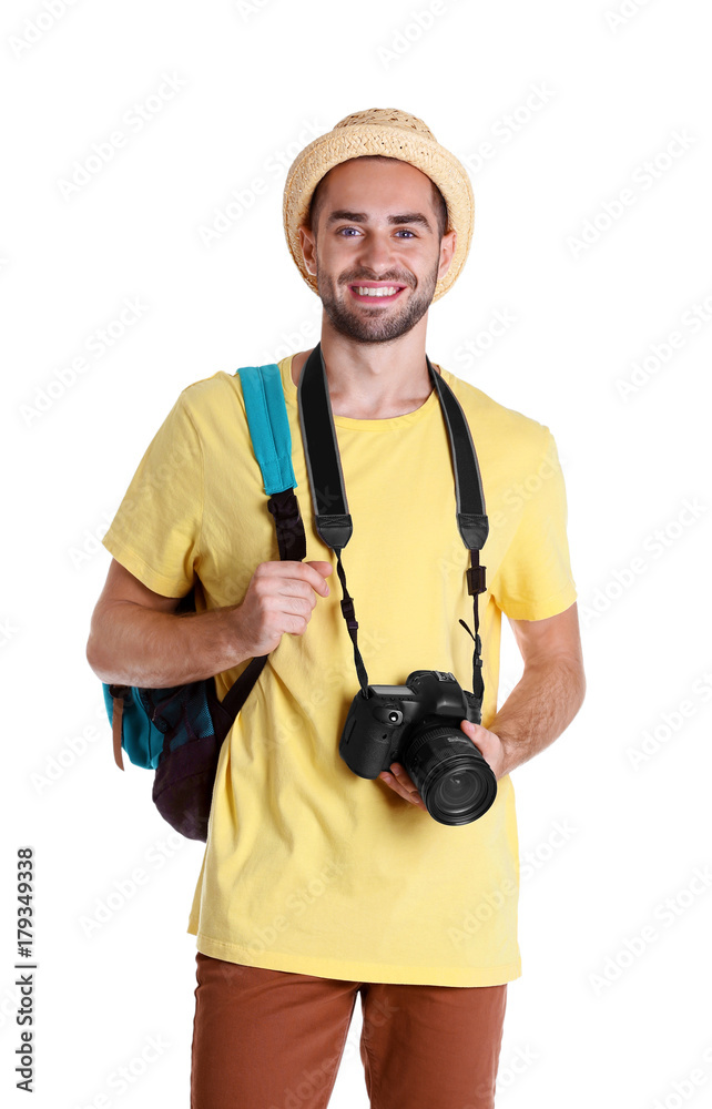 Attractive male tourist on white background