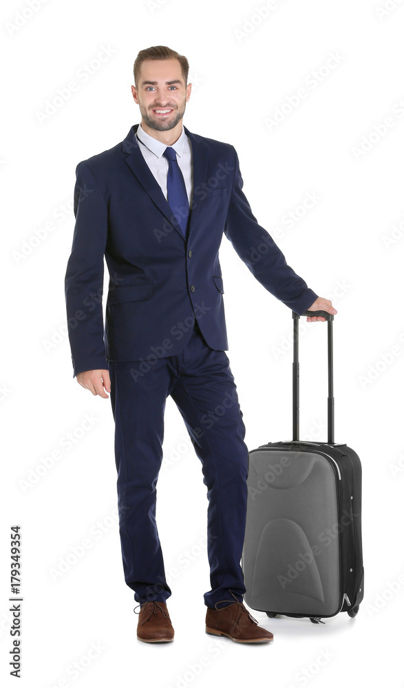 Attractive male tourist in formal suit on white background Attractive male tourist in formal suit on white background