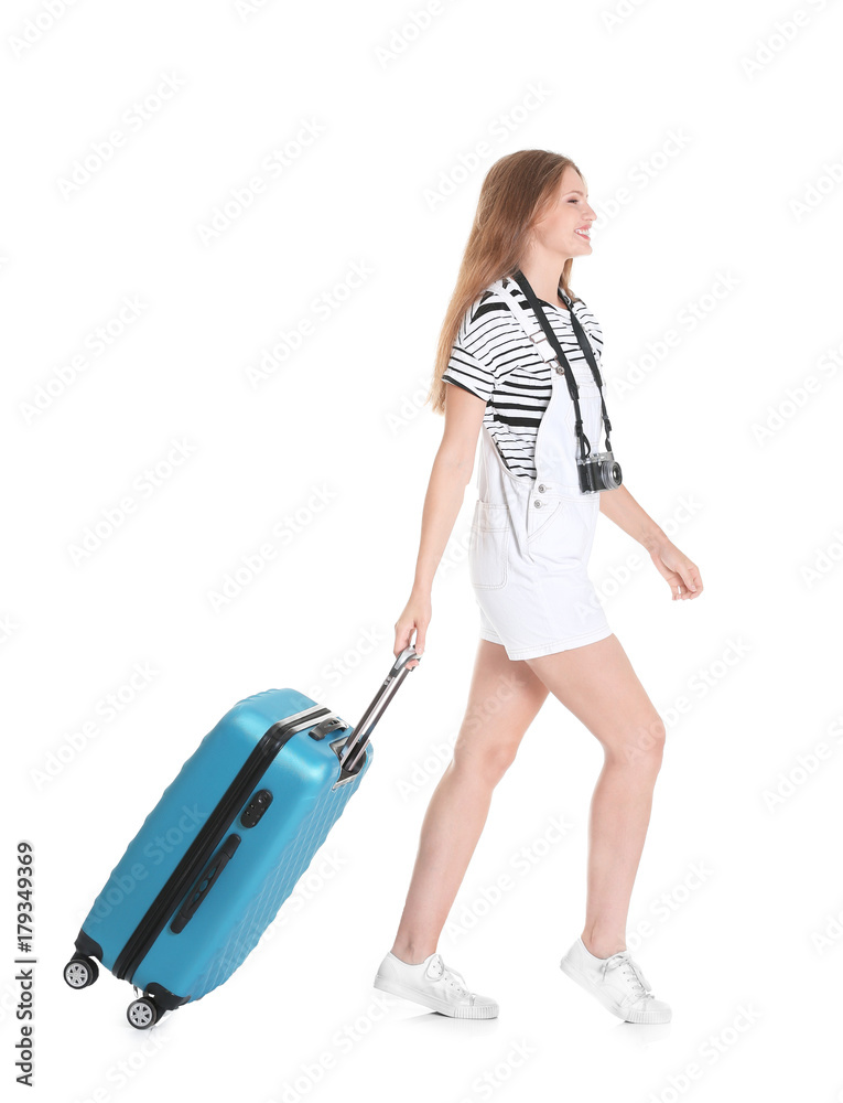 Attractive female tourist on white background Attractive female tourist on white background