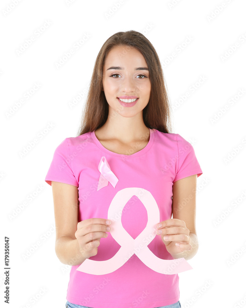 Beautiful woman holding symbol of breast cancer awareness on white background Beautiful woman holding symbol of breast cancer awareness on white background