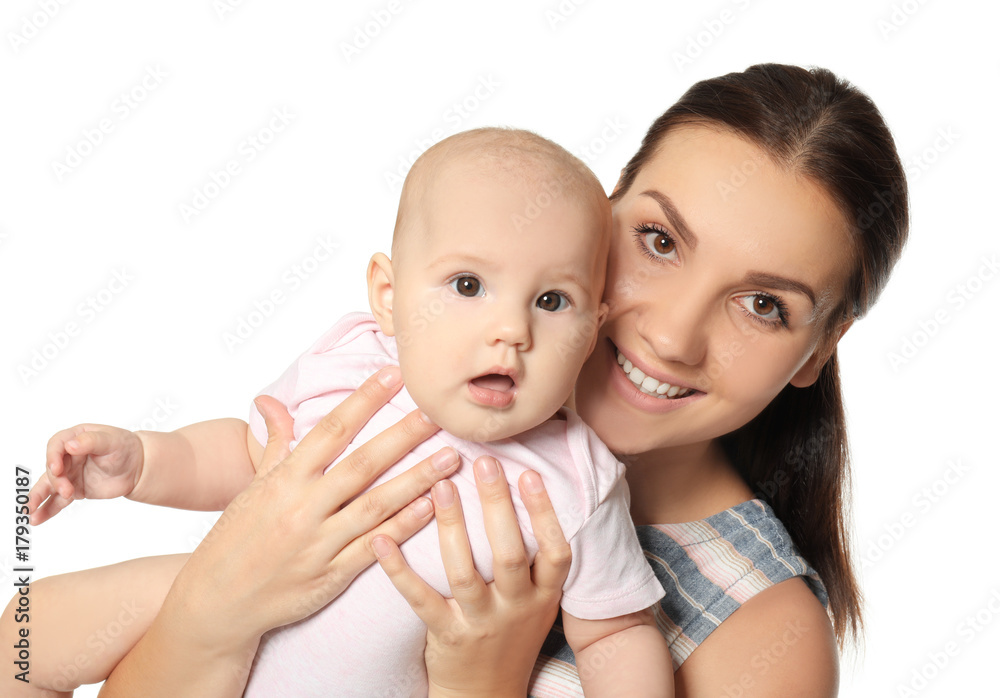 Happy young woman with cute baby on white background Happy young woman with cute baby on white background