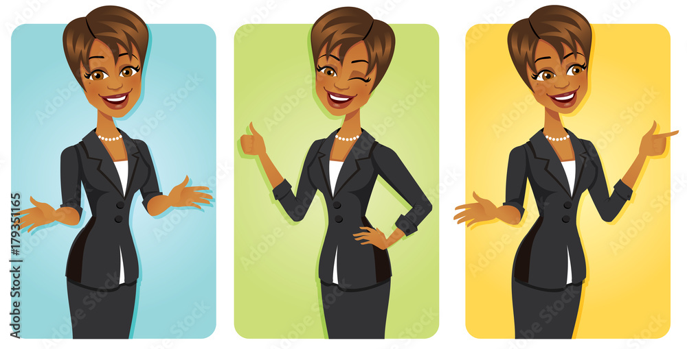 Cartoon black business woman in 3 confident poses wearing a pretty business  suit Stock Vector | Adobe Stock