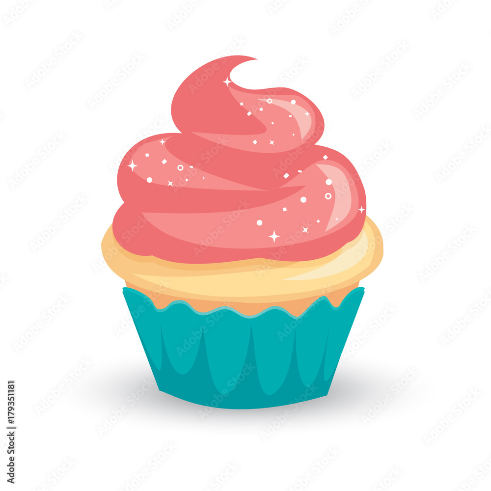 Pretty cartoon vanilla cupcake with pink icing and sparkly white sprinkles Pretty cartoon vanilla cupcake with pink icing and sparkly white sprinkles