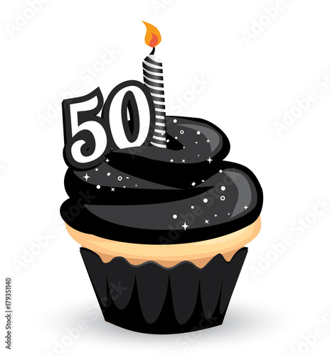 50th Birthday Clip art Cupcake with sparkly black icing and number 50 candle