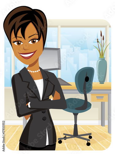 Pretty black businesswoman in a suit with her arms crossed on an office background with city skyline outside window