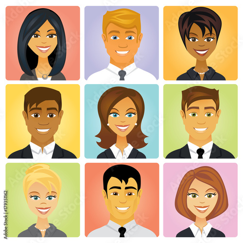 A set of cartoon businessmen and businesswoman avatar faces featuring ethnic diversity to represent your business staff