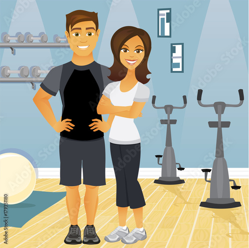 Cartoon team of fitness trainers standing in gym with yoga ball, weights and exercise bicycles 