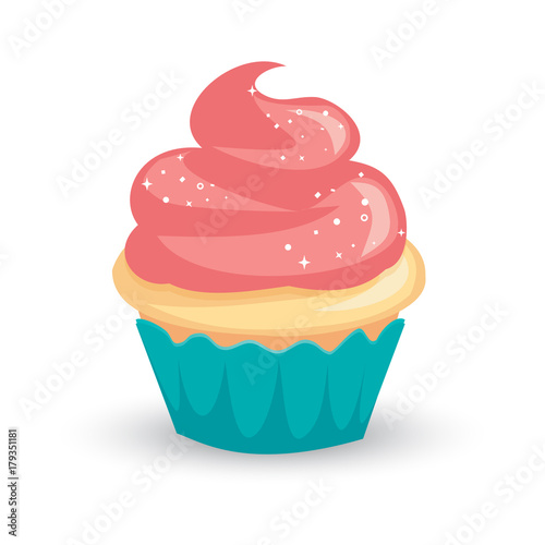 Pretty cartoon vanilla cupcake with pink icing and sparkly white sprinkles