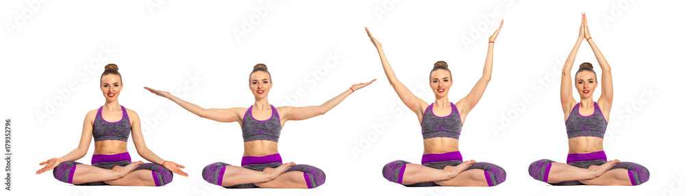 Women who do yoga perform sitting on the floor. Lotus pose. Women who do yoga perform sitting on the floor. Lotus pose.