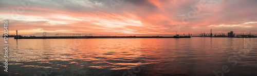 Panorama of Beatiful Sunset by the Sea, Thessaloniki Port, Greece