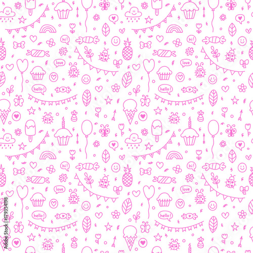Background for cute little boys and girls. Hand drawn children drawings color seamless pattern. Doodle children drawings