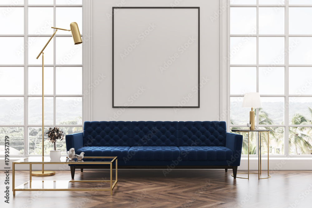 White living room, blue sofa, poster - obrazy, fototapety, plakaty 