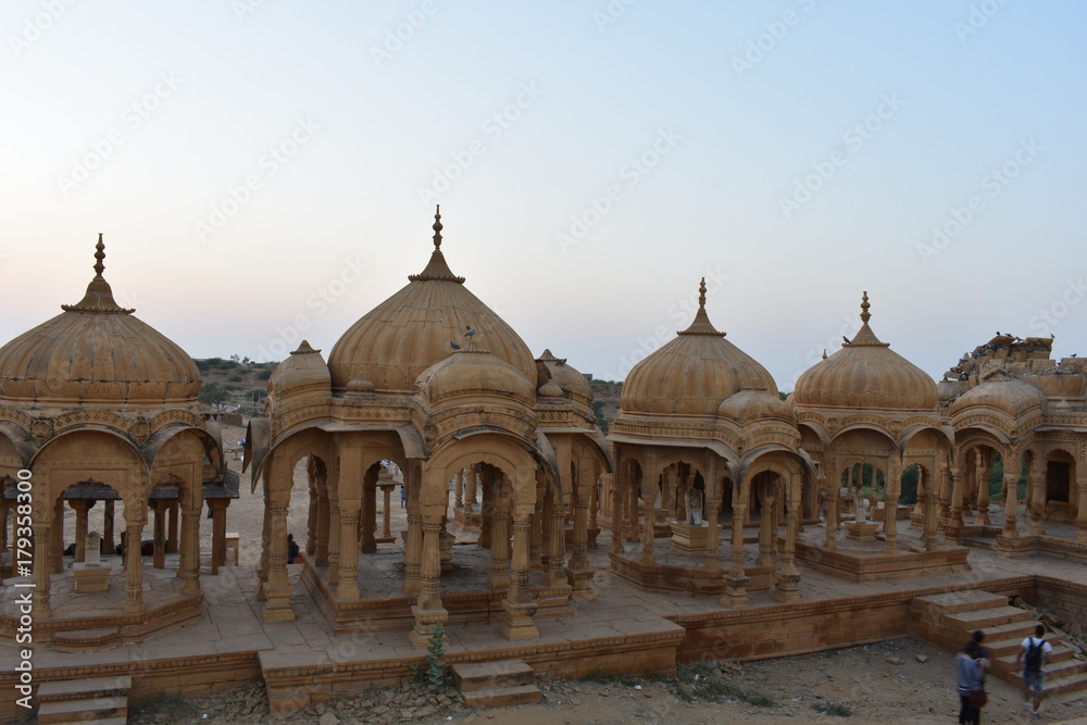 beautiful ancient cenotaphs of rawal kings in bada baag jaisalmer rajasthan india