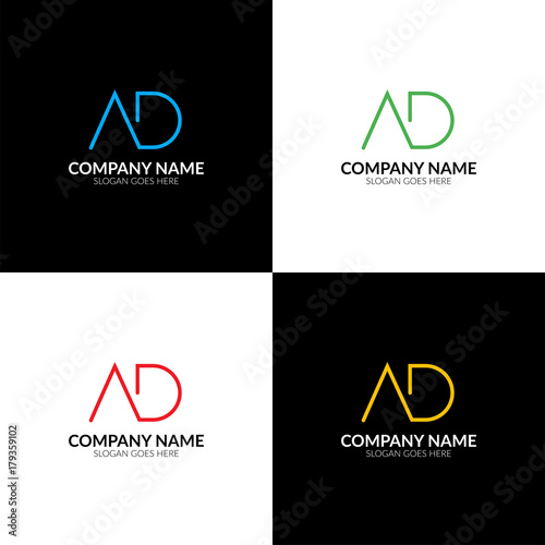 Vector illustration. Letter AD logo, icon flat and vector design template. Monogram the letter a and d logotype for brand or company with text.