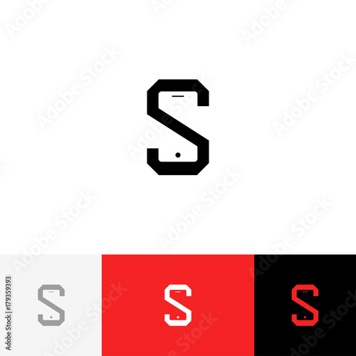 Mobile phone logo with letters S. Vector illustration, logotype, icon, sign, mobile phone symbol with black, white and red color.
