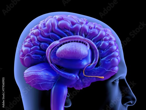 Illustration of human brain olfactory bulb against black background photo