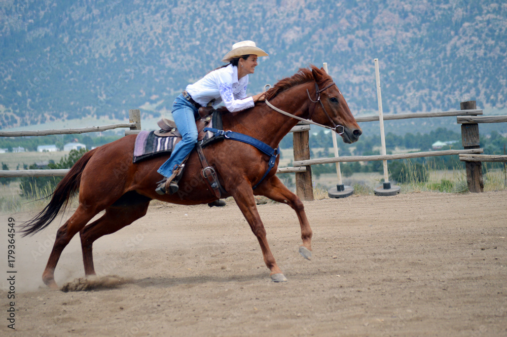 Middle-Aged Cowgirl on Brown Horse Middle-Aged Cowgirl on Brown Horse