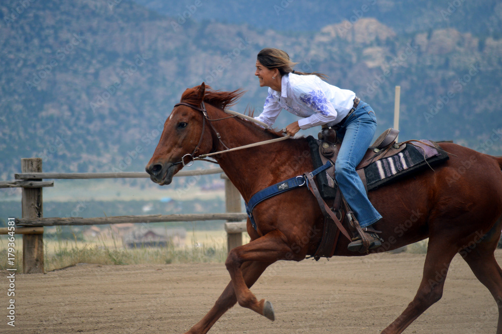 Middle-Aged Cowgirl on Brown Horse Middle-Aged Cowgirl on Brown Horse