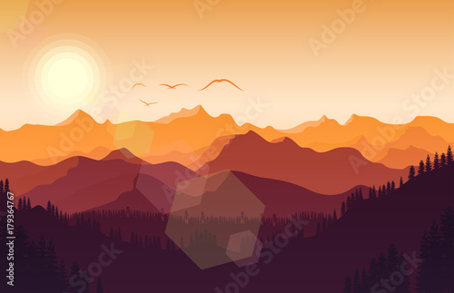 Sunset mountains landscape with forest and bird flying