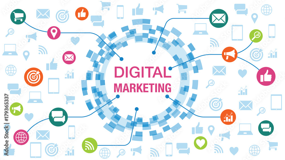 Digital marketing vector illustration concept, icons, analytics, email, social media