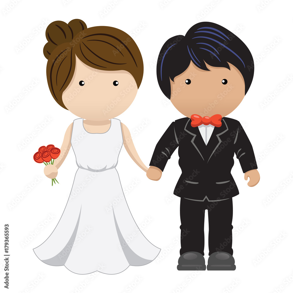 Bride and groom couple in love, with the bride holding the bouquet and hands with the bridegroom. Ideal for catalogs, information and institutional material Bride and groom couple in love, with the bride holding the bouquet and hands with the bridegroom. Ideal for catalogs, information and institutional material