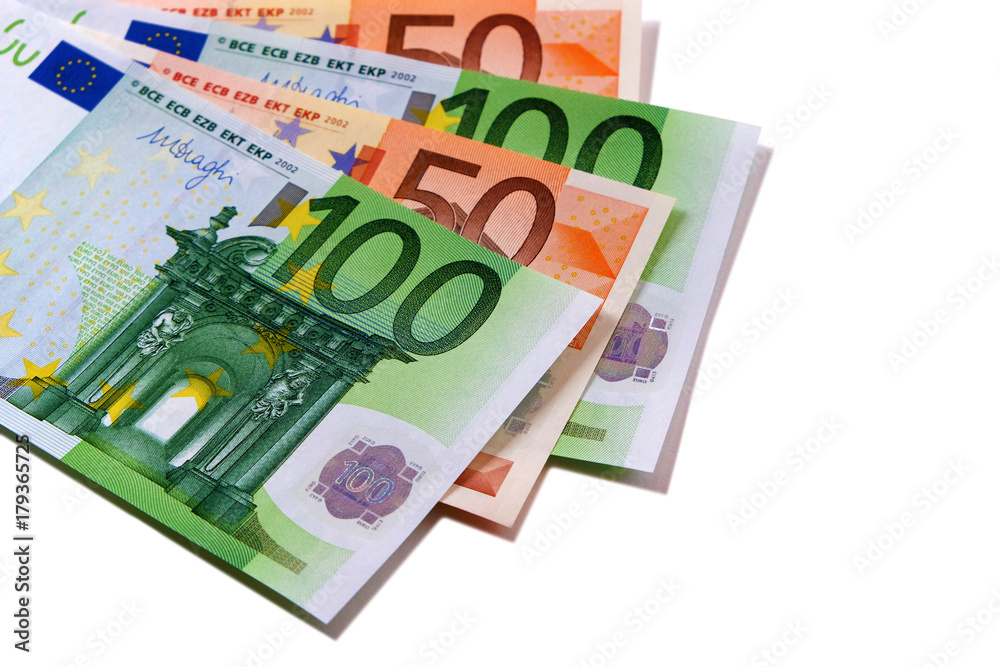 Euro fifty 50 and one hundred 100 currency money bill note or banknote fan shape isolated on white background photo Euro fifty 50 and one hundred 100 currency money bill note or banknote fan shape isolated on white background photo
