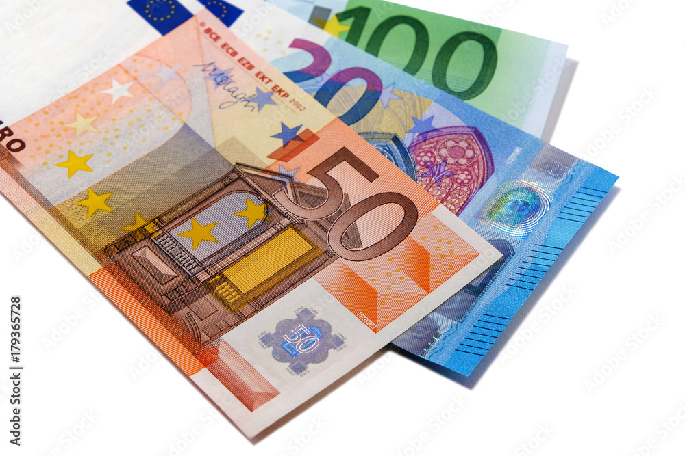 Euro fifty 50 one hundred 100 and twenty 20 currency money bill note or banknote fan shape isolated on white background photo Euro fifty 50 one hundred 100 and twenty 20 currency money bill note or banknote fan shape isolated on white background photo