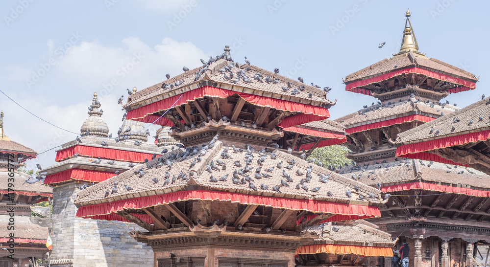 Naklejka premium Temples covered with pigeon in Kathmandu durbar square, Basantapur, Kathmandu Nepal