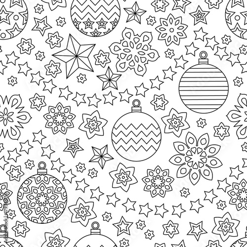 New year hand drawn outline festive seamless pattern with snowflakes, christmas balls and stars isolated on white background. coloring antistress book for adult.