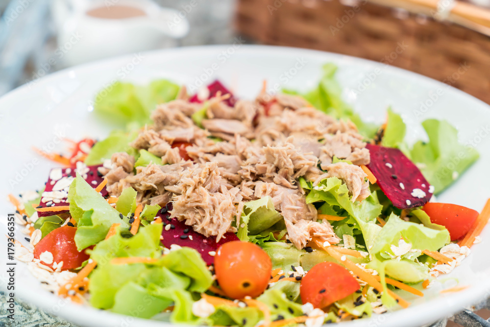 tuna with vegetables salad, sesame and spicy sauce tuna with vegetables salad, sesame and spicy sauce