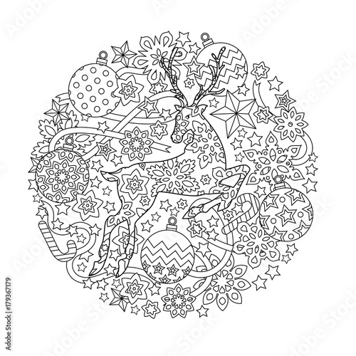New year mandala with deer and festive objects. Zentangle inspired style. Zen monochrome graphic. Image for calendar, congratulation card, coloring book.