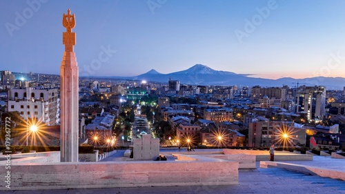 Yerevan city at the evening with Mt. Ararat photo
