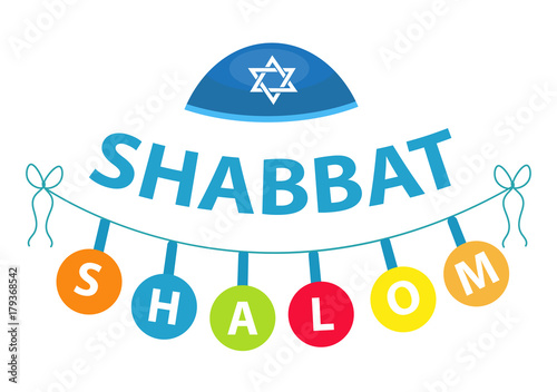 Shalom Shabbat, flat style. Religious Jewish tradition. Isolated on white background. Vector illustration