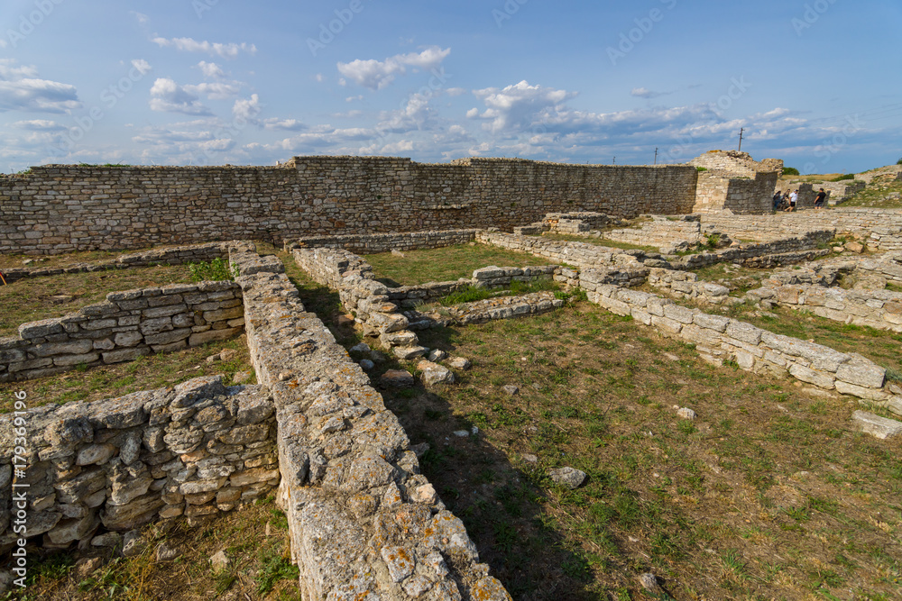 Ruins and preserved parts of the fortress wall and buildings of the medieval fortress of Kaliakra.